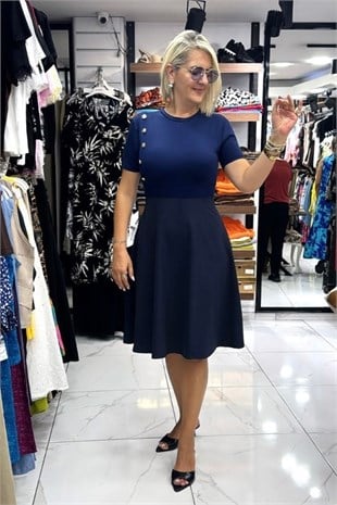 Lacivert Düğme Detaylı Üstü Model Altı Poplin Kumaş Kampanya Elbisesi