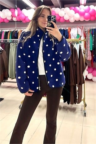 Lacivert Üzeri Beyaz Puantiye Desenli Tam Fermuarlı Wellsoft Sweat