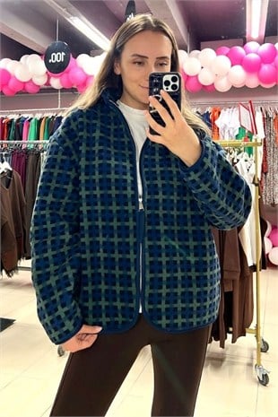 Lacivert Üzeri Siyah ve Yeşil Kare Desenli Tam Fermuarlı Wellsoft Sweat