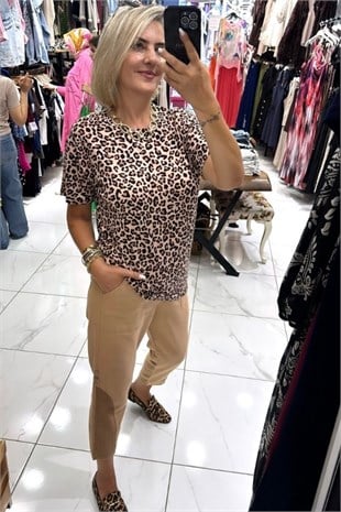 Leopar Desen Büyük Beden Pamuklu Viskon Tişört