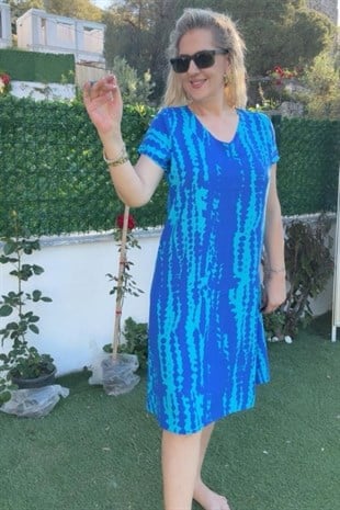 Mavi Karışık Desenli Kısa Kollu Elbise