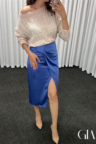 Mavi Saten Kurdele Görünümlü Etek