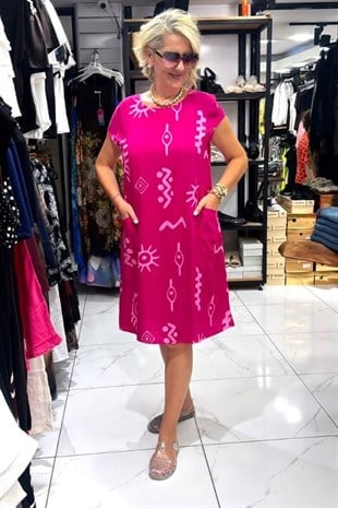 Pembe Desenli Mendil Kol Cepli Elbise