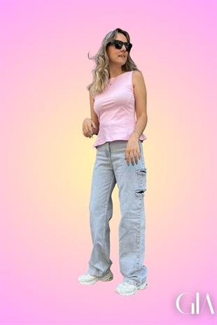 Pembe Kolsuz Altı Volanlı Bluz