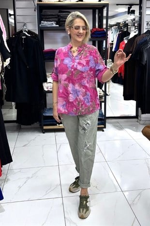 Pembe Renk Desenli İthal Gömlek