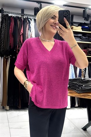 Pembe Renk V Yaka Kısa Kollu Sim Detaylı Merserize Triko