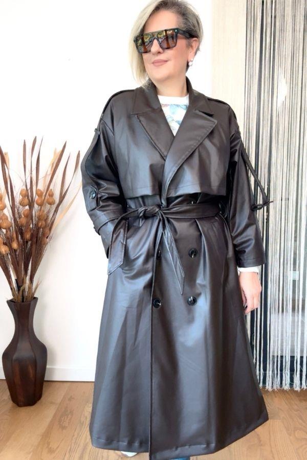 Acı Kahve Deri Trençkot