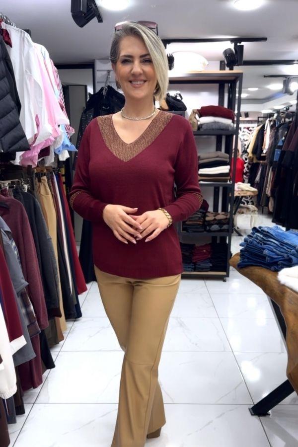 Bordo Gold Sim Detaylı V Yaka Bluz