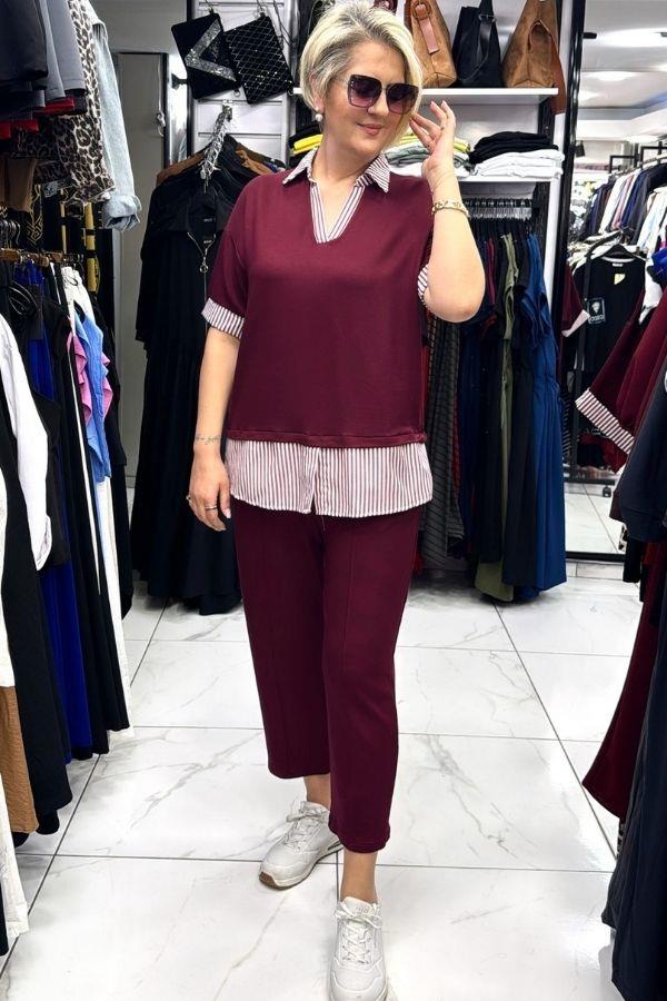 Bordo Gömlek Detaylı Altı Belden Lastikli Cepli Eşofman Takım