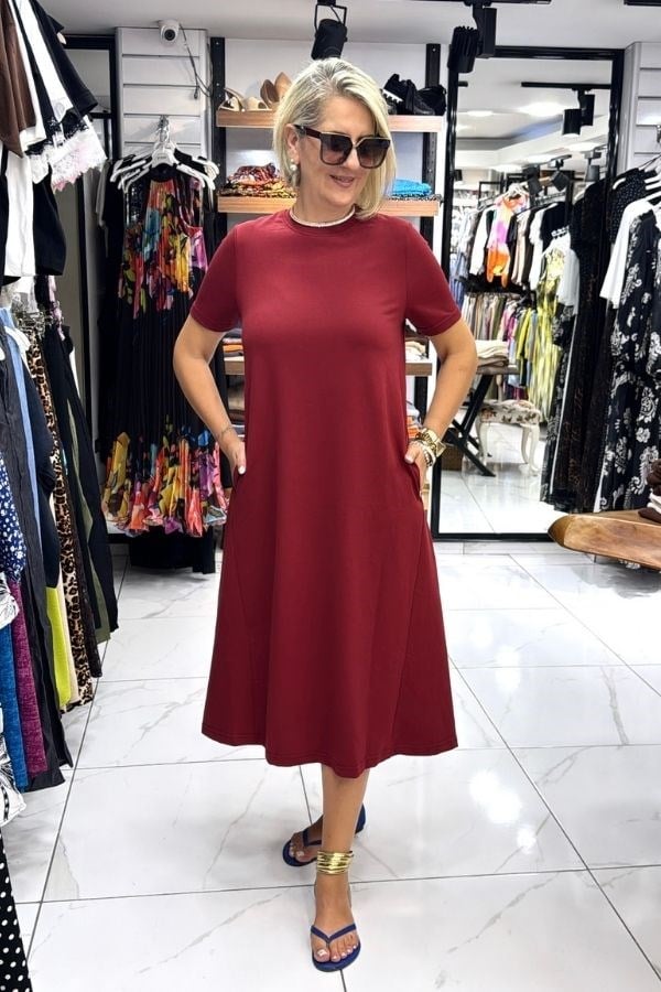 Bordo Renk Bisiklet Yaka Kısa Kollu A Kesim Kampanyalı Elbise