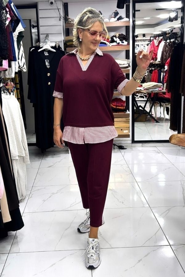 Bordo Renk Çizgili Detaylı Kampanyalı Eşofman Takımı