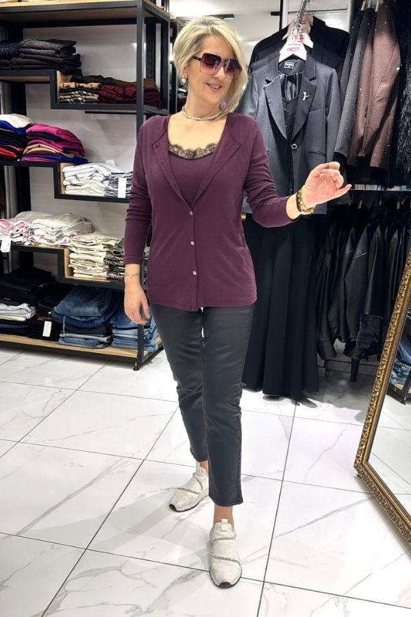Bordo Renk Hırka Görünümlü Bluz Takım