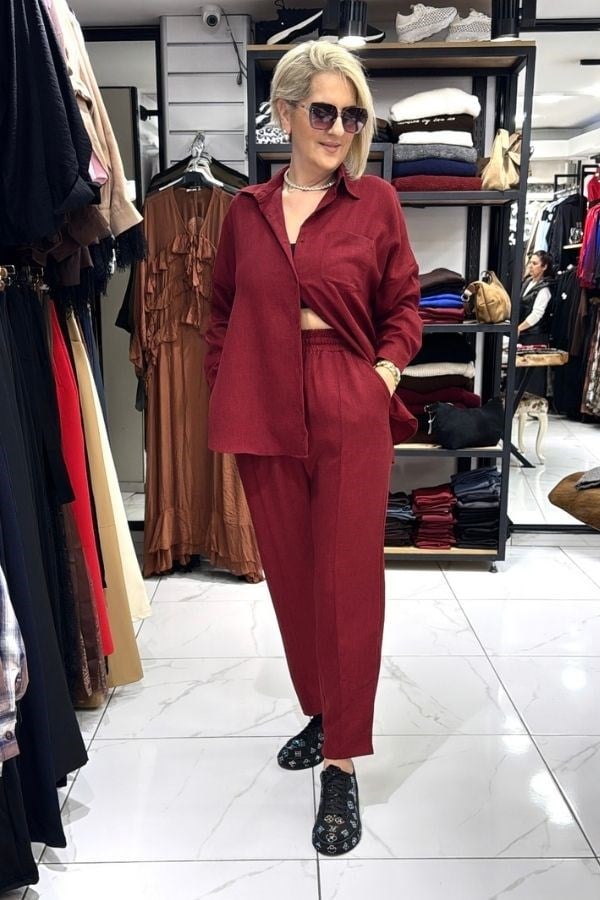 Bordo Renk Keten Kumaş Gömlekli Takım