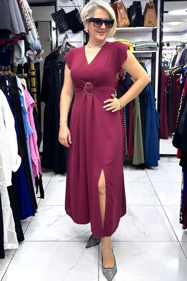 Bordo V Yaka Önden Tokalı Vatkalı Midi Elbise