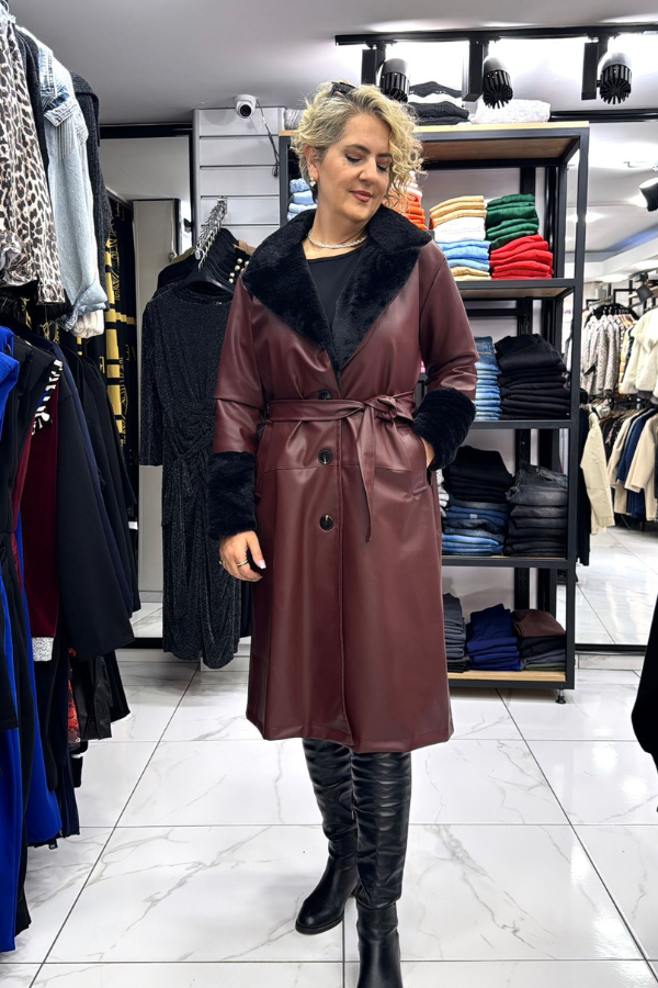 Bordo Yakası Kürklü Deri Mont