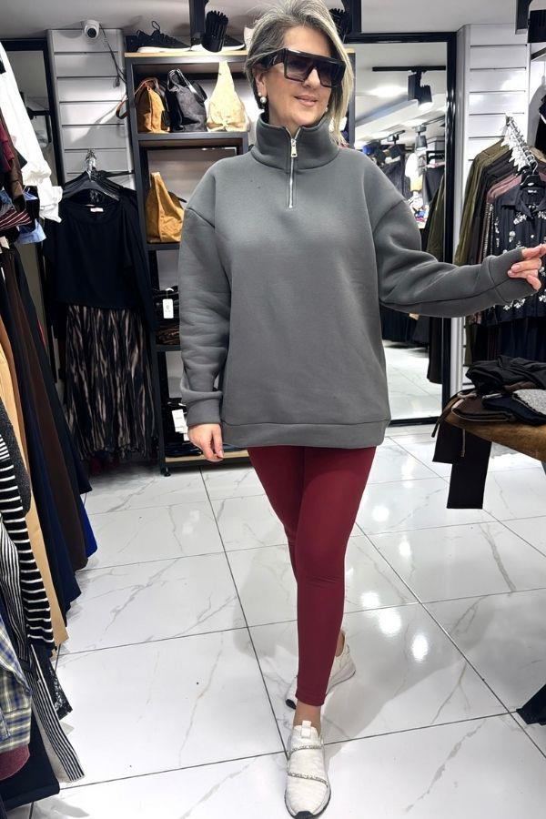 Gri Renk Yarım Fermuarlı İçi Polarlı Sweat