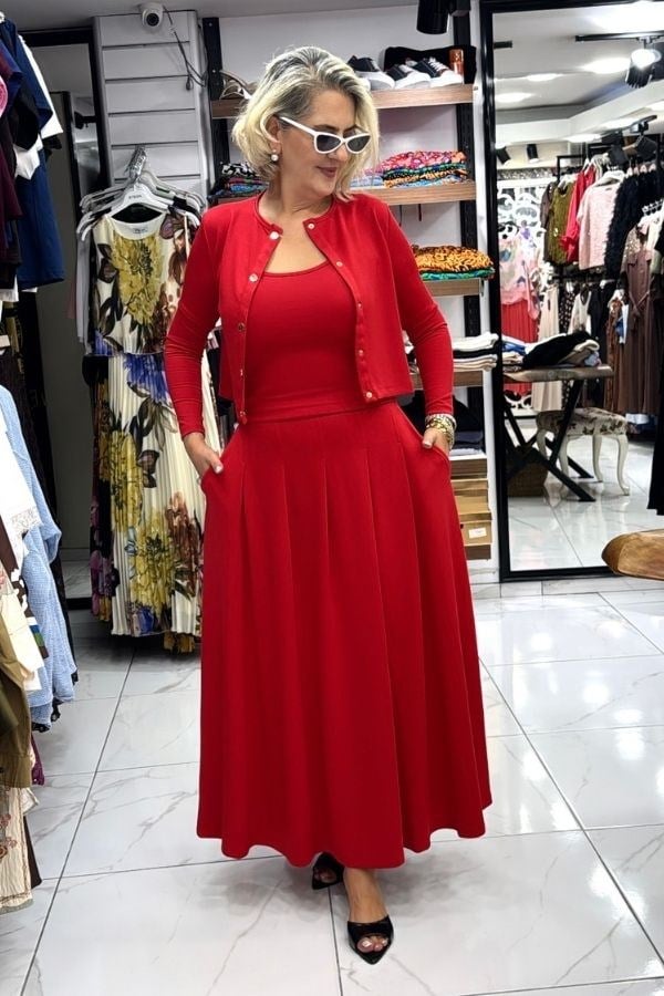 Ines Kırmızı Renk Etek Hırka Bluz Üçlü Takım