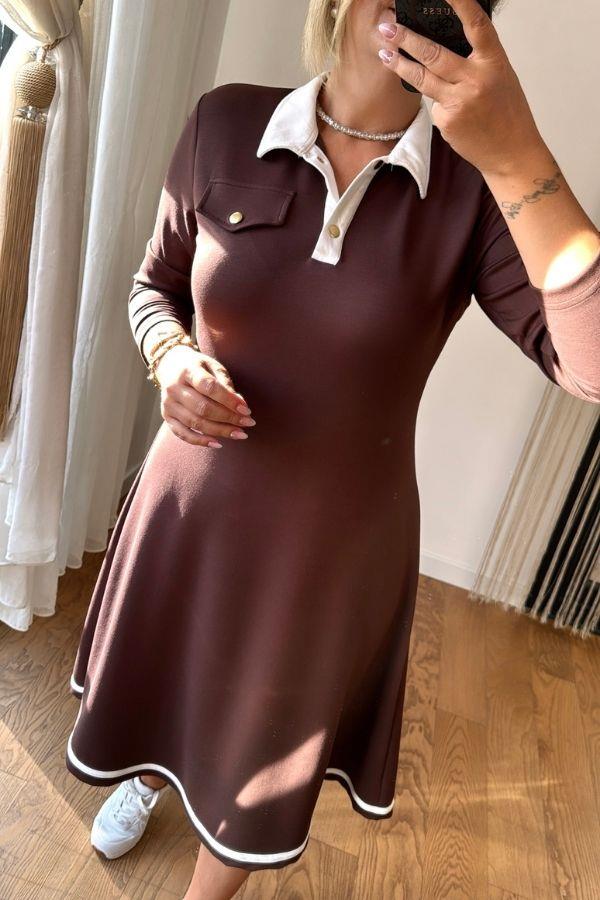 Kahve Rengi Polo Yaka Mini Elbise