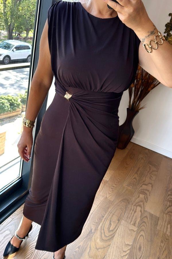 Kahve Rengi Sandy Kumaş Gold Toka Detaylı Elbise