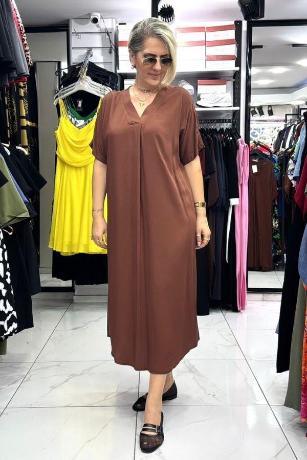 Kahve Renk V Yaka Büyük Beden Uzun Elbise