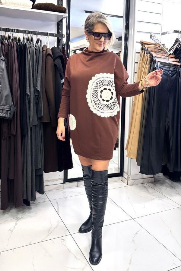 Kahverengi Nakış Detaylı Mini Elbise