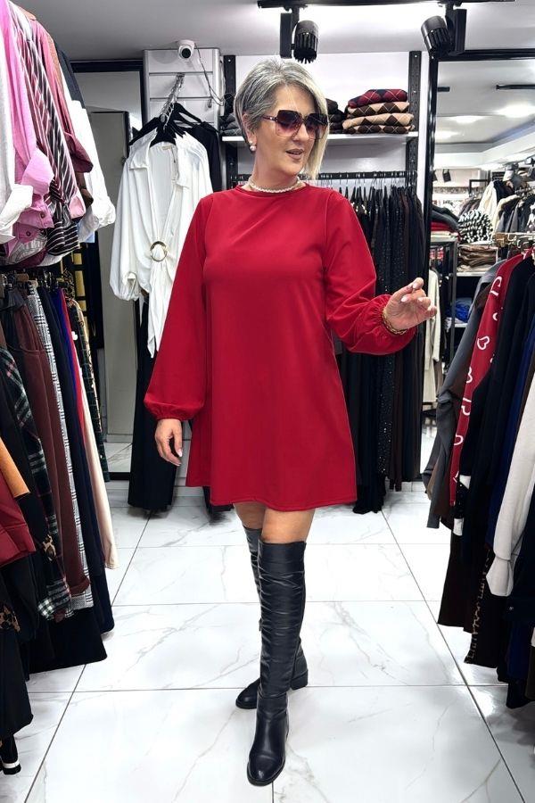 Kırmızı Bisiklet Yaka Mini Düz Elbise
