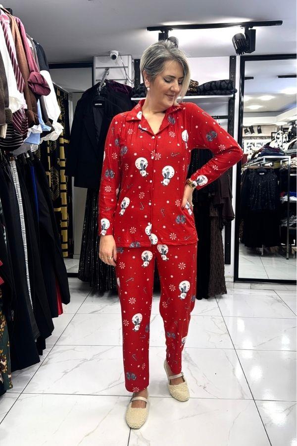 Kırmızı Renk Yılbaşı Desenli Pijama Takımı