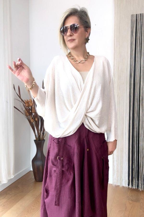 Krem Rengi Önü Drape Detaylı Merserize Triko Kazak