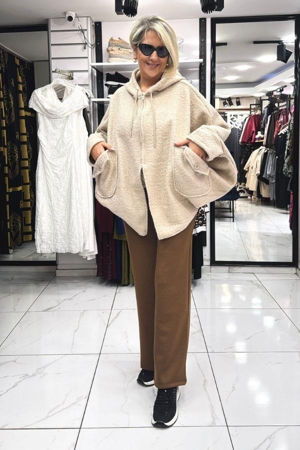 Krem Teddy Önü Fermuarlı Panço
