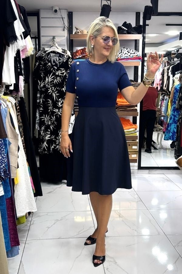 Lacivert Düğme Detaylı Üstü Model Altı Poplin Kumaş Kampanya Elbisesi