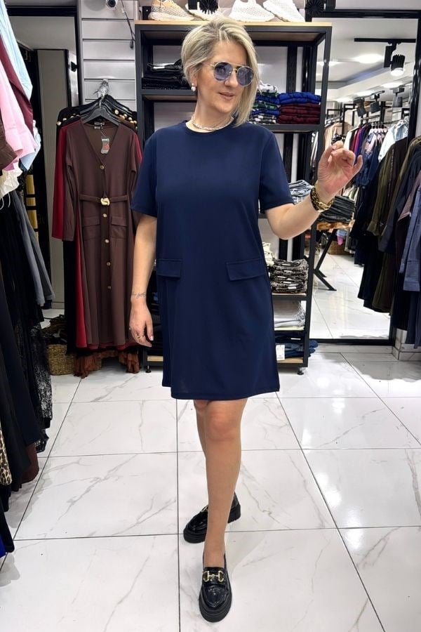 Lacivert Krep Kumaş Büyük Beden Elbise