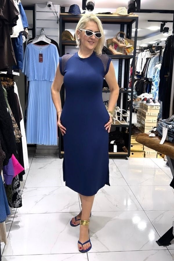 Lacivert Omuzları File Detaylı Model Elbise