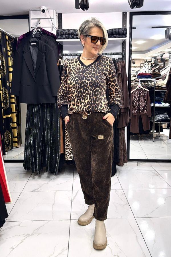 Leopar Desenli V Yaka Uzun Kollu Bluz