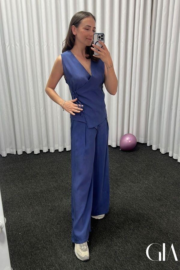 Mavi Tensel Kumaş Kruvaze Kesim Takım