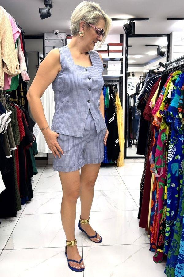Mavi U Yaka Yelekli Şort Takım