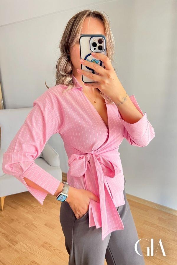 Pembe Kruvaze Yandan Bağlamalı Gömlek