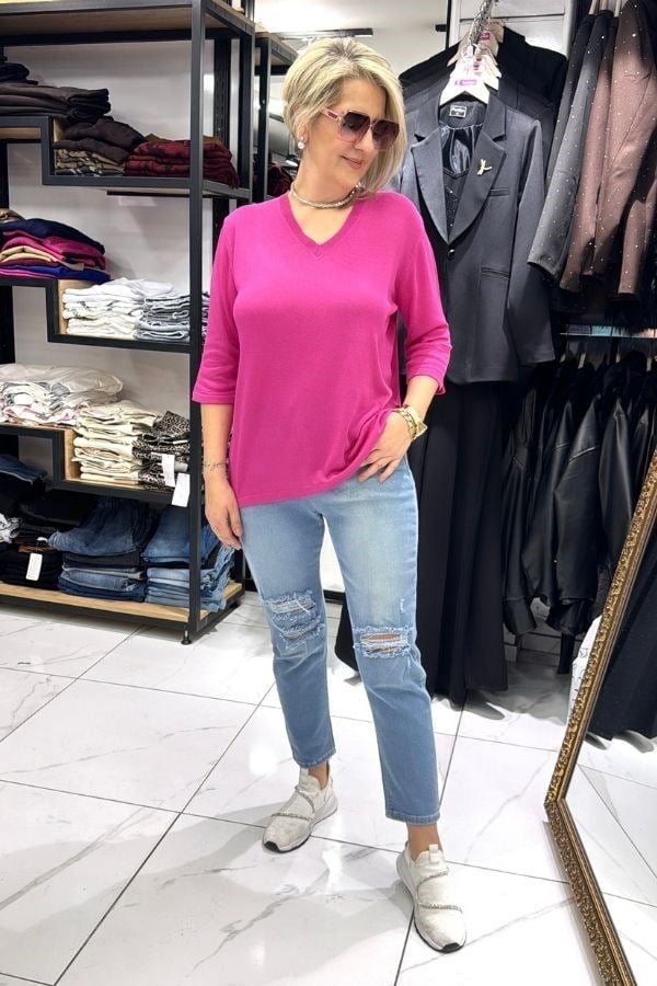 Pembe Renk V Yaka Fakir Kol Merserize Triko Kazak