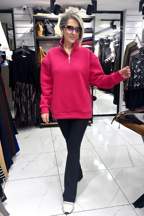Pembe Renk Yarım Fermuarlı İçi Polarlı Sweat