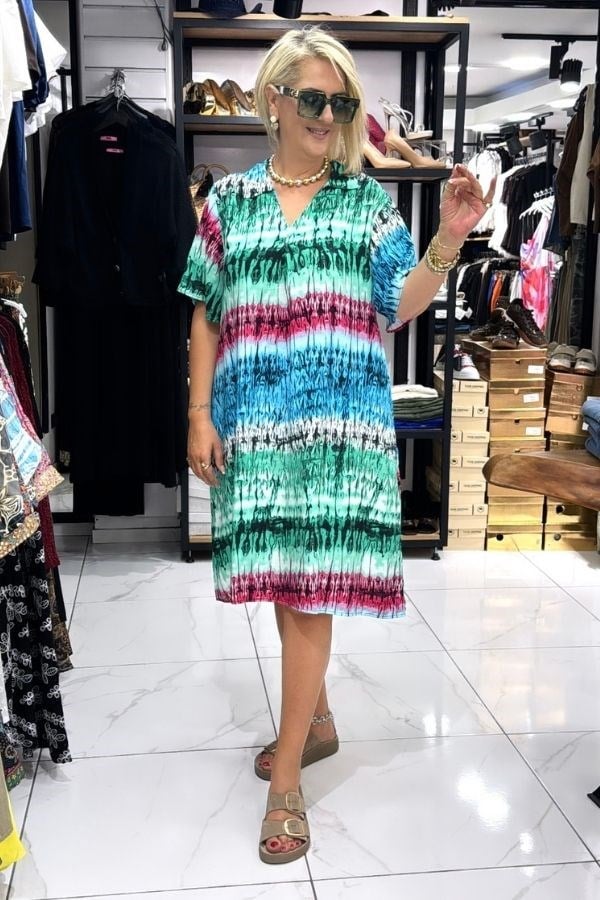 Renkli Batik Yıkama Desenli Polo Yaka Cepli Elbise