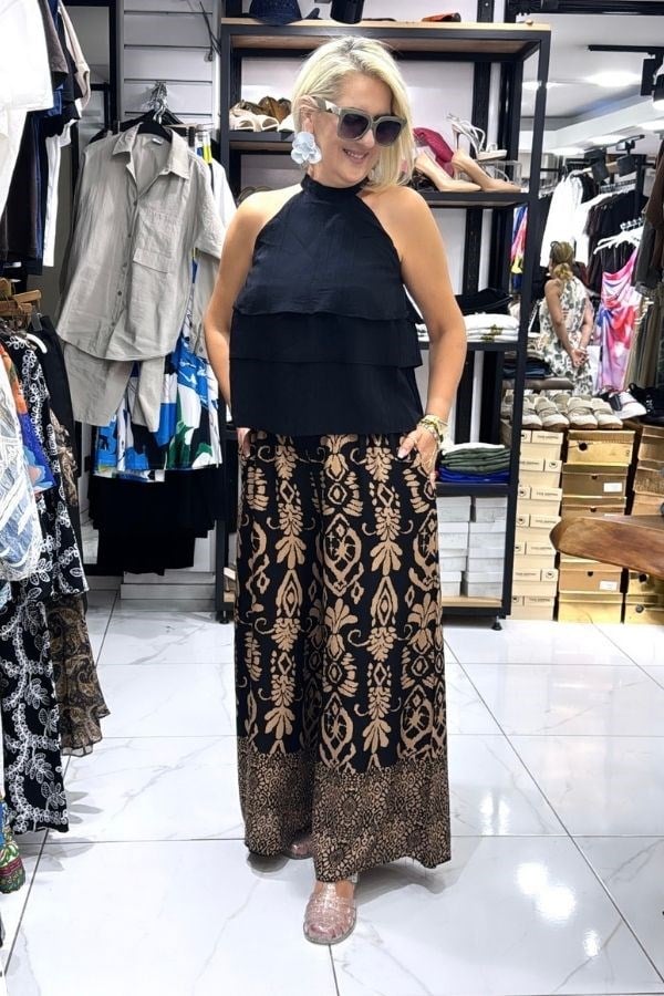 Siyah Kahve Desenli Beli Lastikli Salaş Pantolon