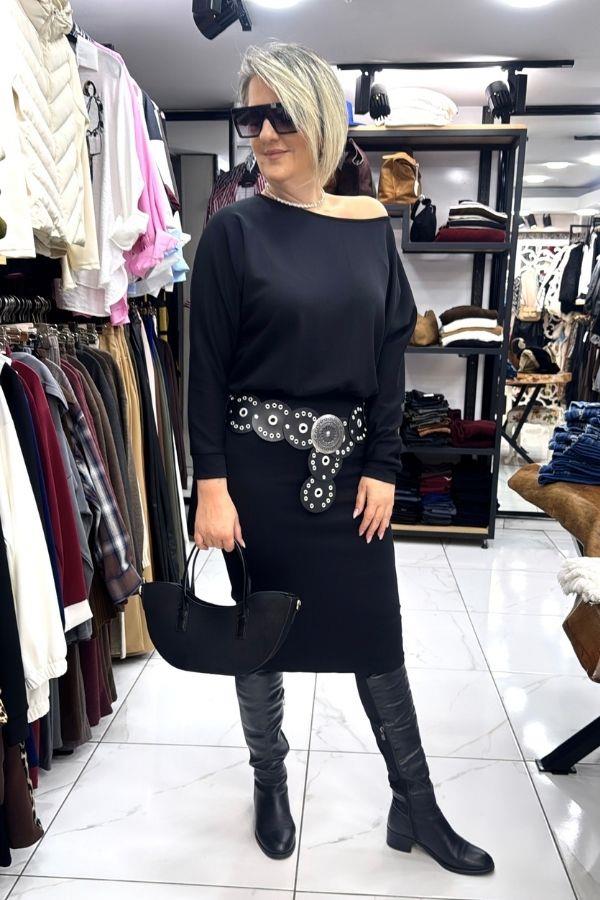 Siyah Kayık Yaka Belden Lastikli Model Kumaş Elbise
