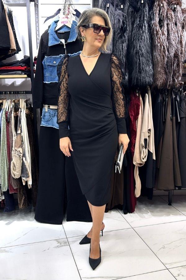 Siyah Renk Flop Baskılı Anvelop Elbise