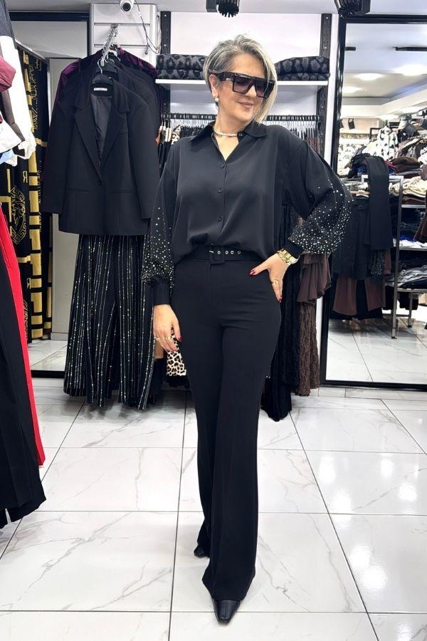 Siyah Renk Kemerli İspanyol Paça Pantolon