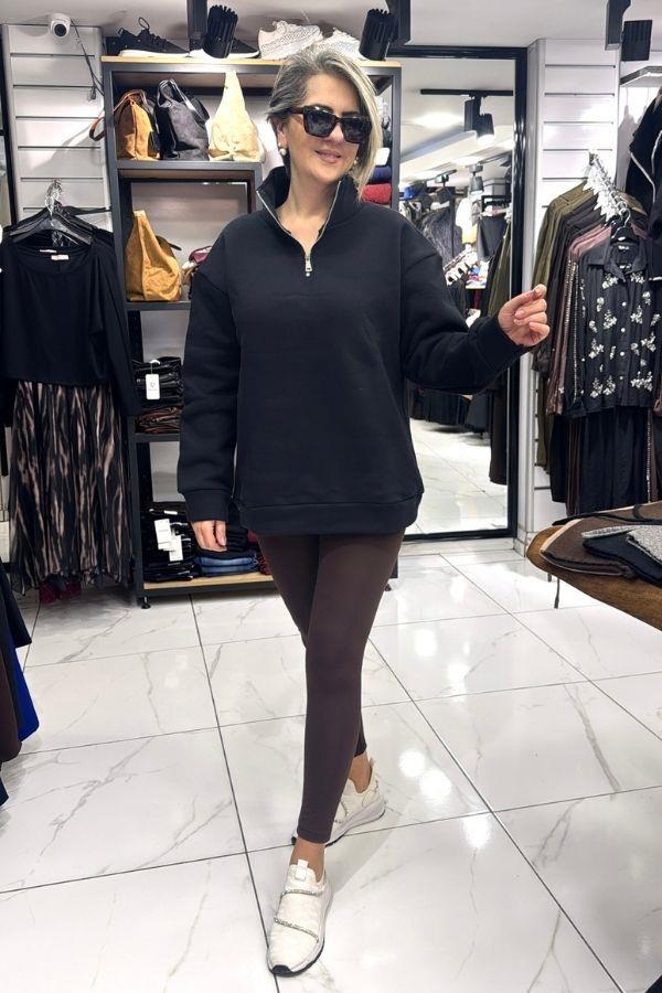 Siyah Renk Yarım Fermuarlı İçi Polarlı Sweat