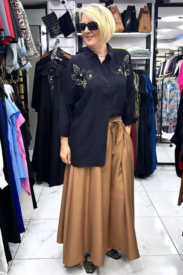 Taba Rengi Belden Lastikli Bağlamalı Cepli Etek Pantolon