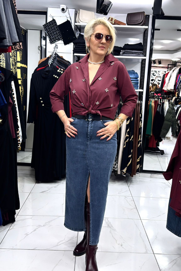 Taş Detaylı Gömlek Bordo