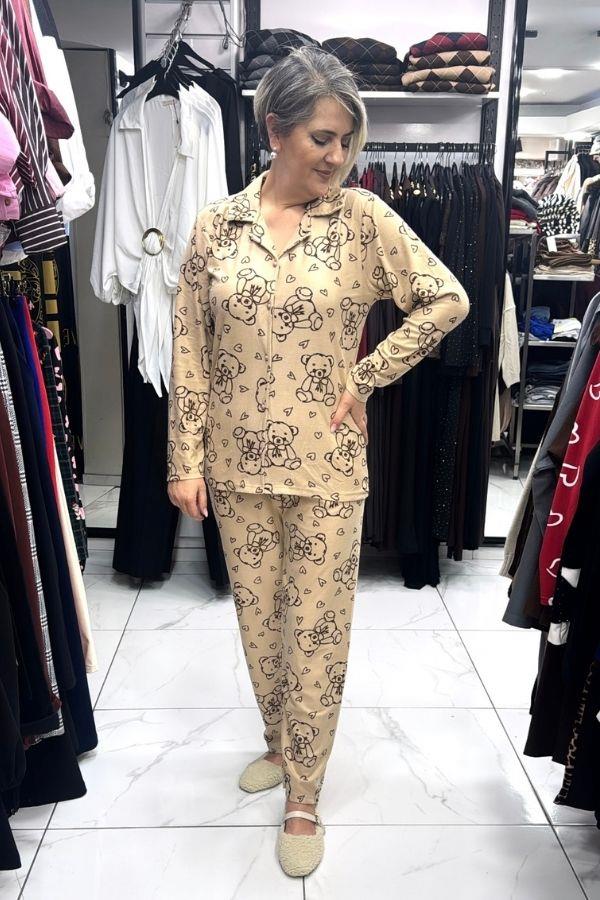 Vizon Renk Üzeri Siyah Ayıcık Desenli Pijama Takımı