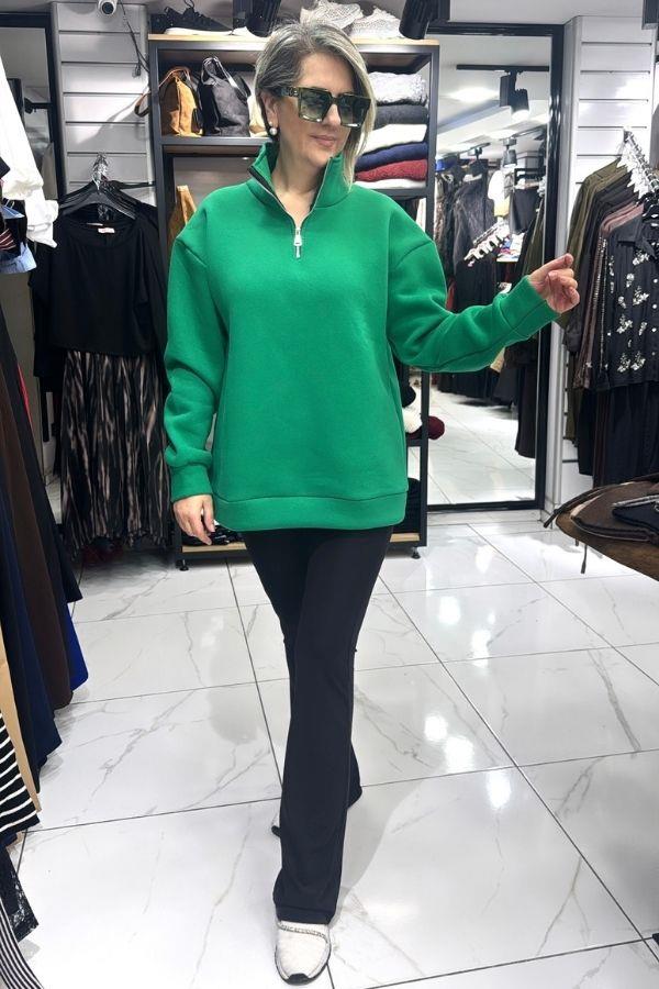 Yeşil Renk Yarım Fermuarlı İçi Polarlı Sweat