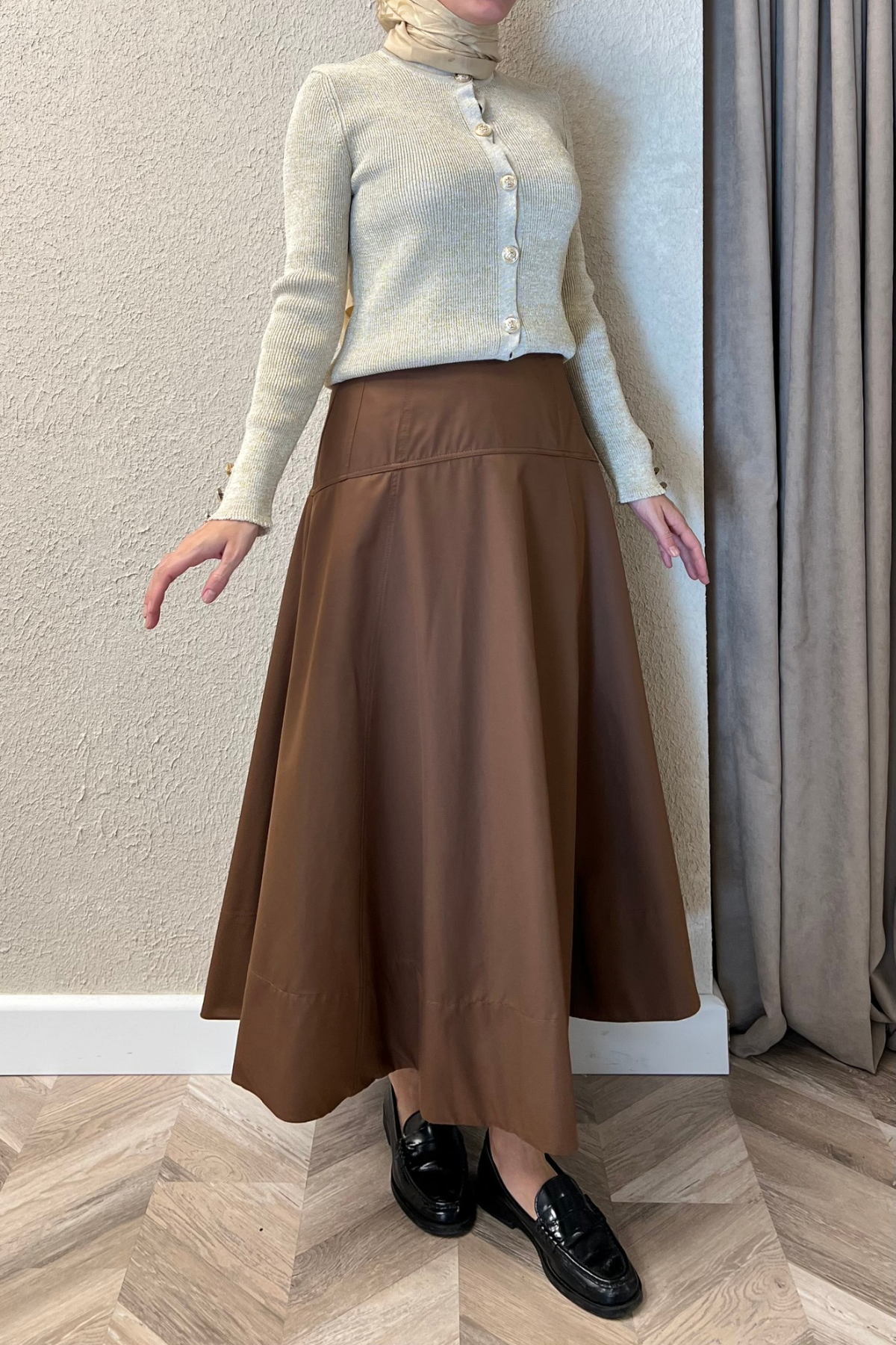 Volanlı Gabardin etek -kahve