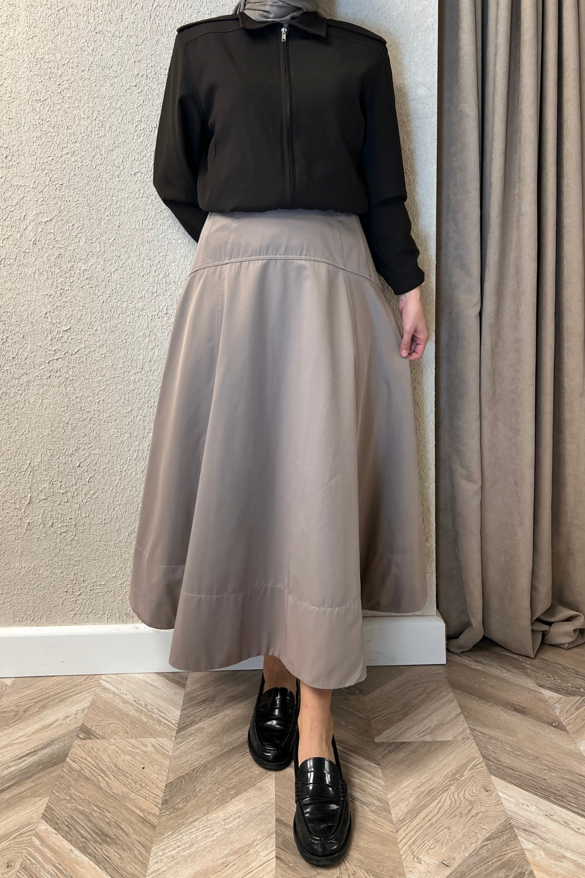 Volanlı Gabardin etek -vizon